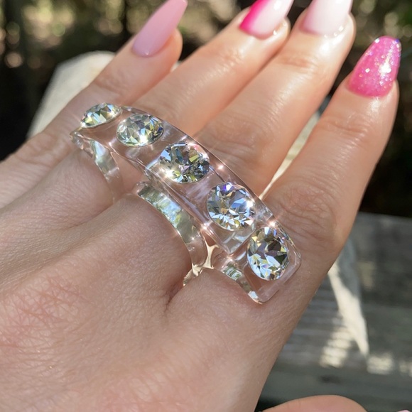 Clear Acrylic statement ring embellished with genuine crystals, cocktail ring - Picture 9 of 12